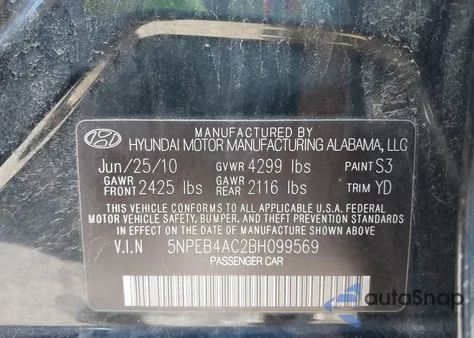 2011 Hyundai Sonata Gls from USA, damaged, VIN 5NPEB4AC2BH099569